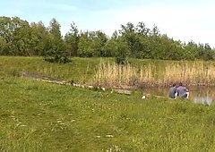 Public masturbation. Orgasm. Two friends spying on naked woman by lake. Wet
