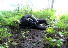 frogman quickly jerks off in shallow mud