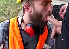Bearded cock sucker orally services a big one for cash