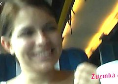 Slutty whore Zuzinka wanks with dildo in a public train