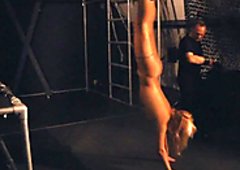 Blonde slave slut ass whipped hard and leashed to suck