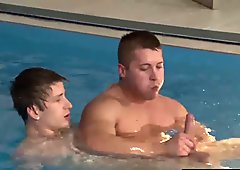 Three guys enjoying bareback fucking by the swimming pool